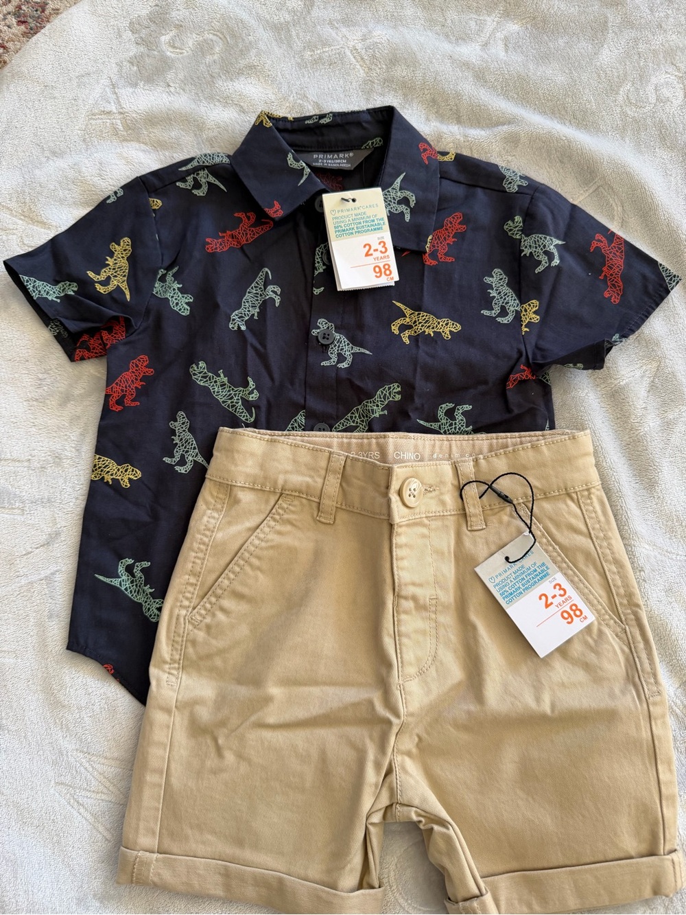 Primark Navy Dino Print Button-Down Shirt with Khaki Chino Shorts